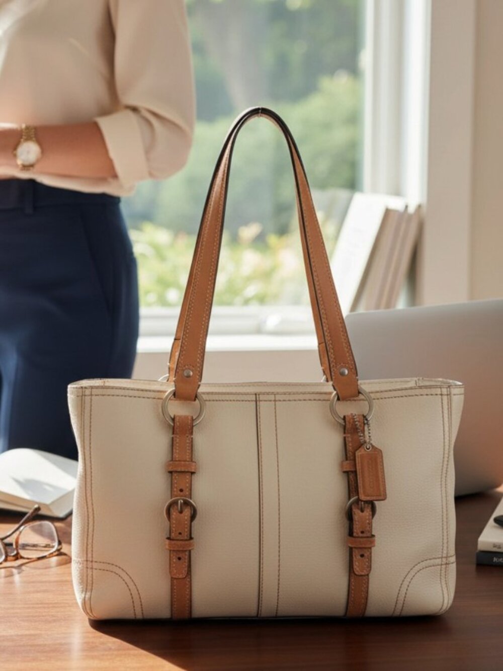 Coach Gallery Cream Ivory Leather Tote Tan Trim Double Handle Bag